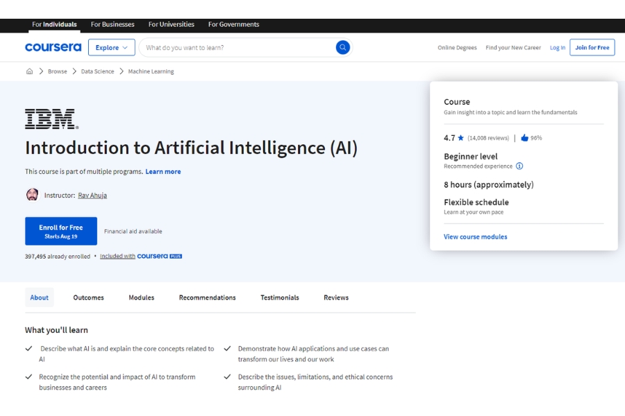 Are there any free courses on Coursera that can help me get started with AI