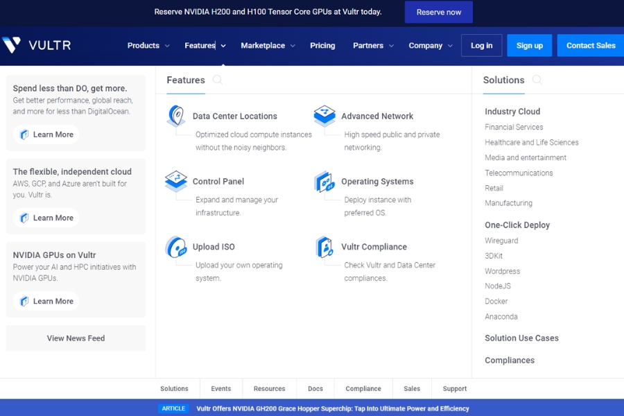 What are the features of vultr's cloud hosting services