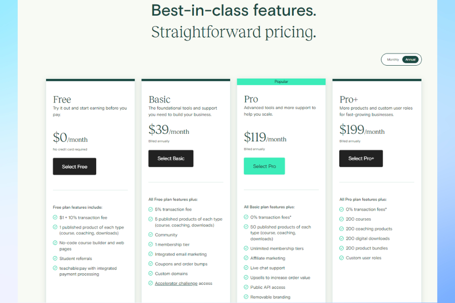 What are the pricing details for Teachable's plans What are the pricing details for Teachable's plans